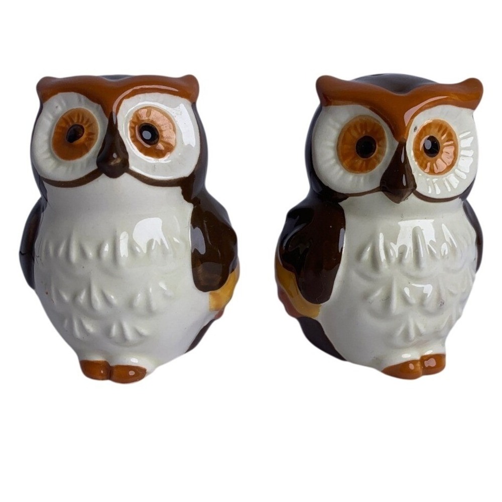 Vintage Ceramic Owl Salt and Pepper Shakers Retro Bohemian Hand Painted Set